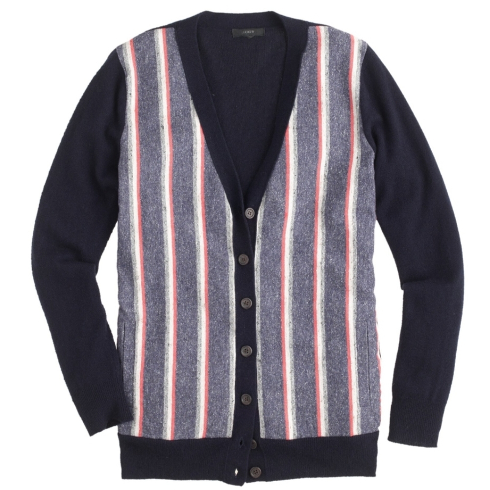 J. Crew Cashmere Blend Striped Front Cardigan Large Blue Red White